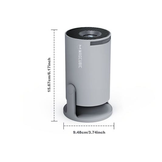Gray air purifier with dimensions on a white background