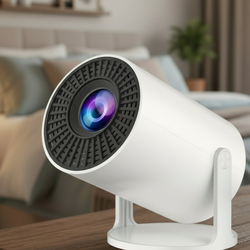 White security camera with a black lens on a white background