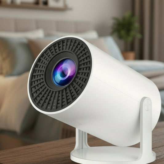 White security camera with a black lens on a white background